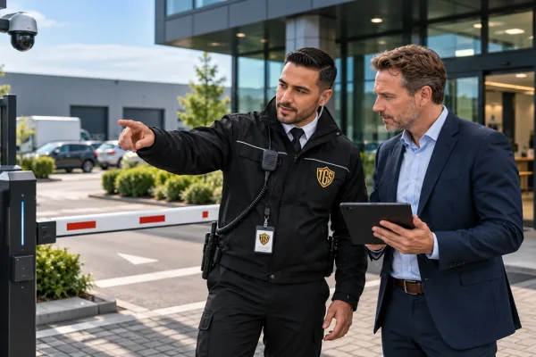 Beveiliger controleert de beveiliging van een bedrijfspand
